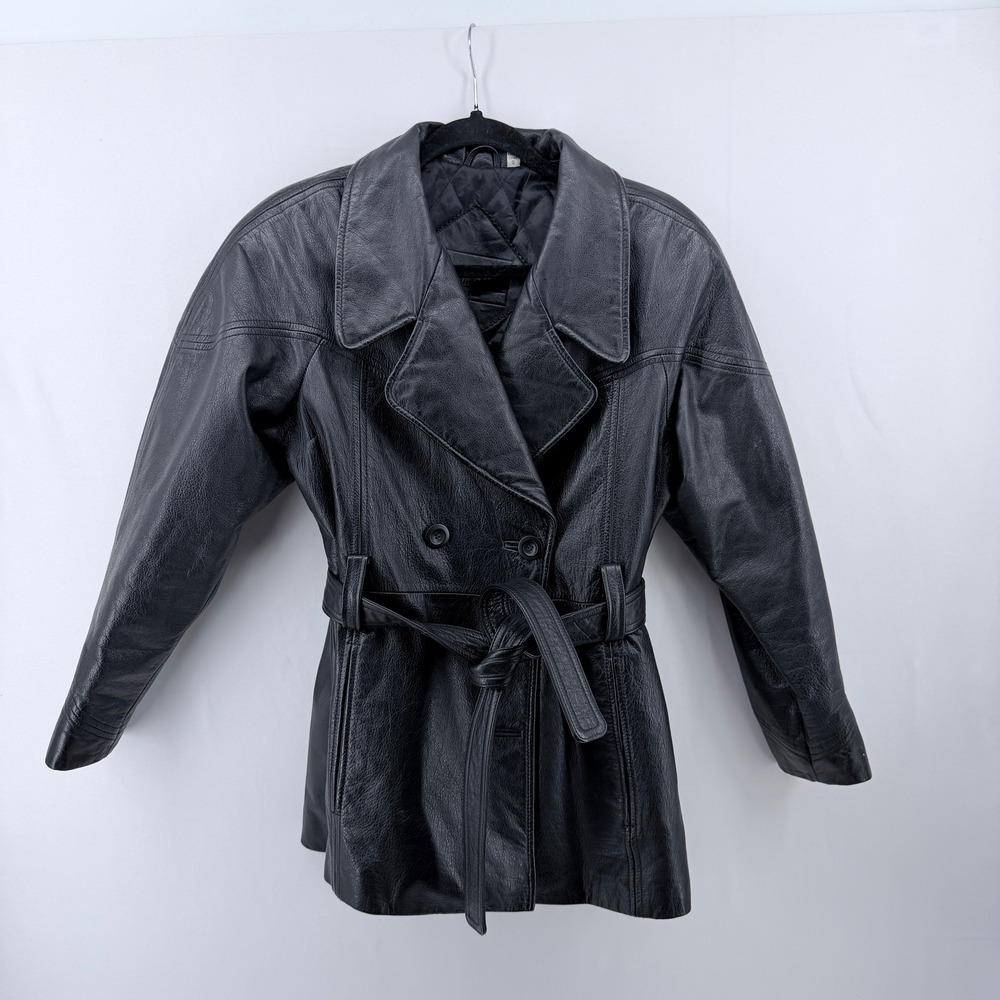 Preston & York Petites Black Leather Trench‎ Coat Double Breasted Belted Small